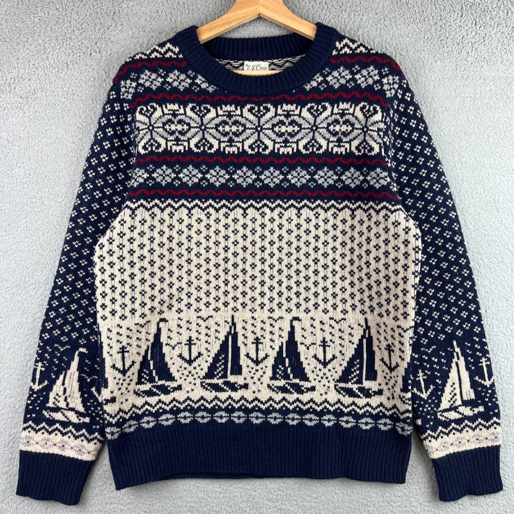 J.Crew Mens Small Lambs Wool Nautical Sailboat Anchor Fair Isle Sweater Navy